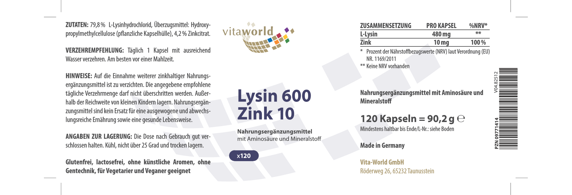 Lysine 600 mg plus zinc 10 mg (120 caps)