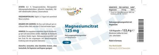 Magnesium citrate 125 mg (120 caps)