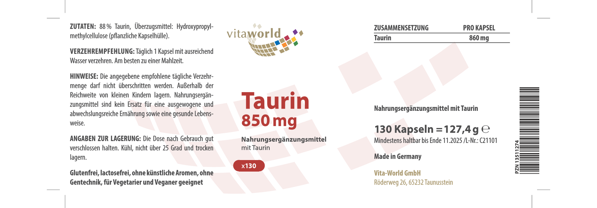 Taurin 850 mg (130 Kps)