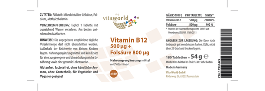 Vitamin B12 500 µg + Folsäure 800 µg (180 Tbl)