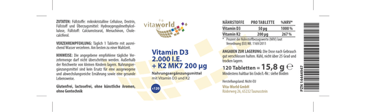 Vitamin D3 2000 IU + K2 MK7 200 µg (120 Tbl)